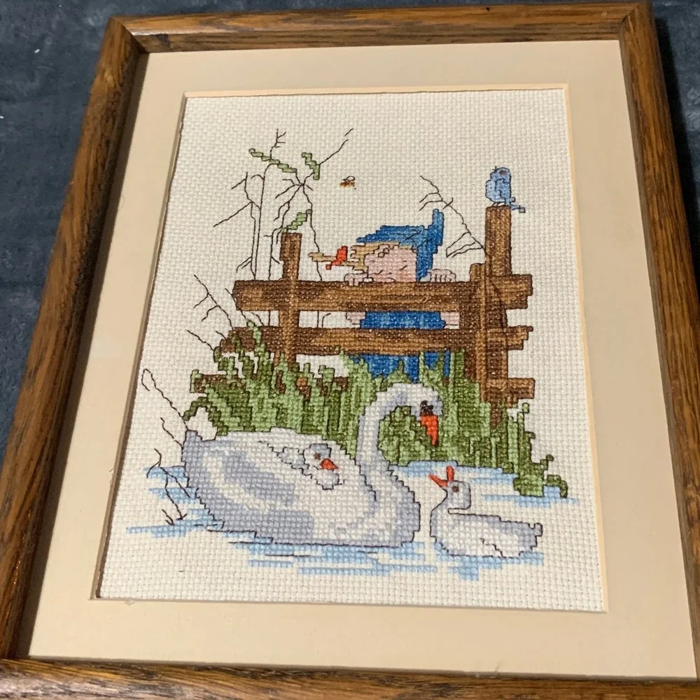 Needlepoint Art Framed Girl Swans Blue Brown Cottagecore Vintage